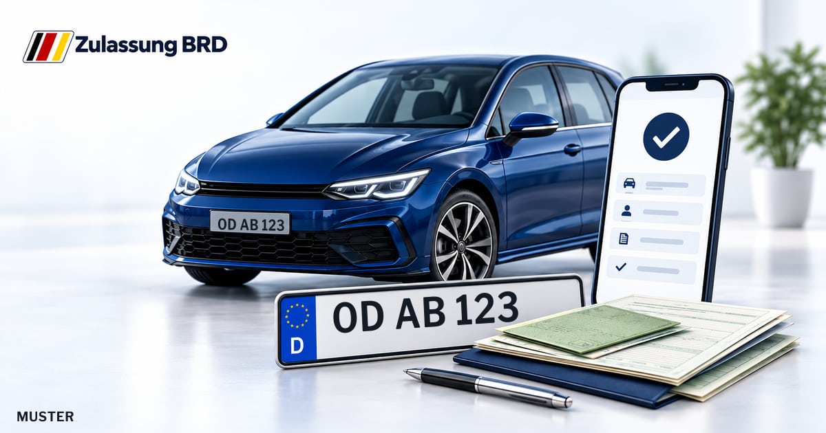 Online Fahrzeugzulassung in Glinde: Musterkennzeichen OD AB 123, Auto und Fahrzeugpapiere und Smartphone. Illustration mit Logo von Zulassung BRD.
